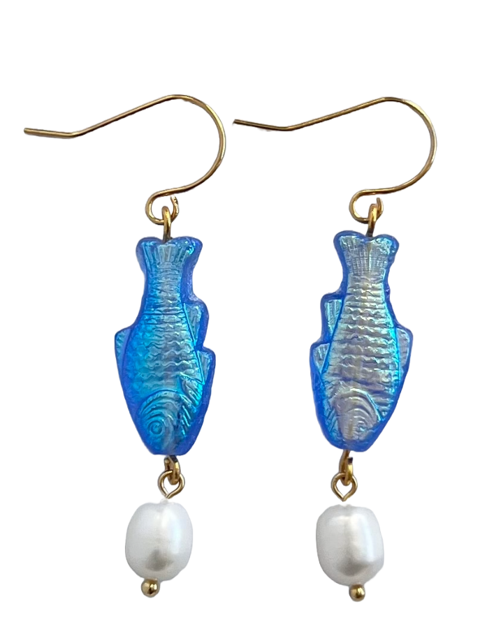 Blue Sardine Earrings with Freshwater Pearl