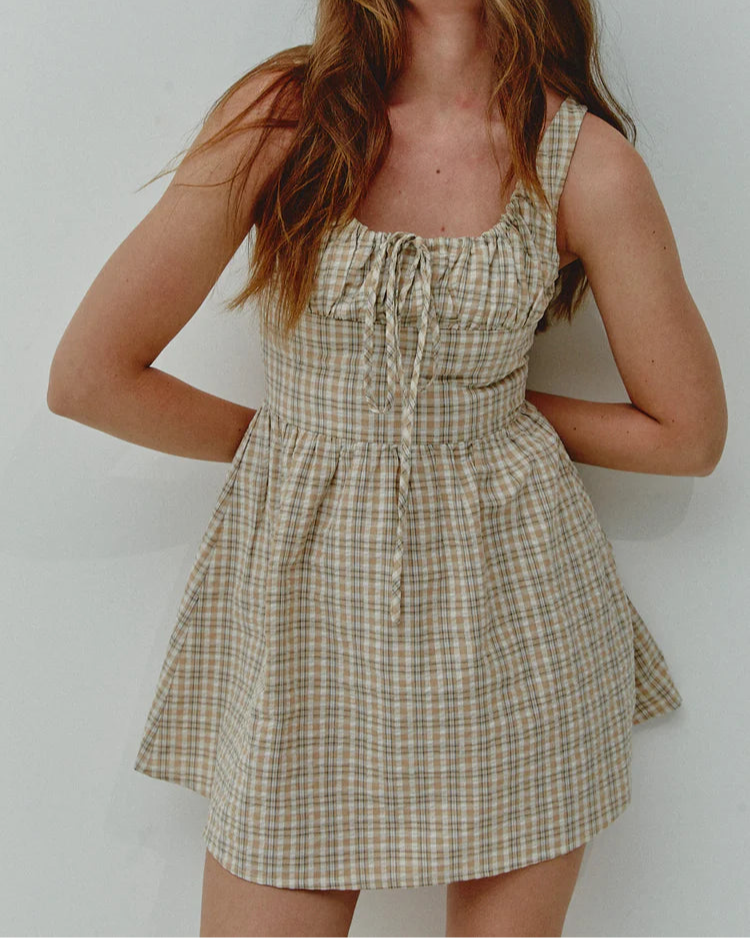 Seersucker Ruched Check Dress in Beige Seersucker Ruched Check Dress in Beige