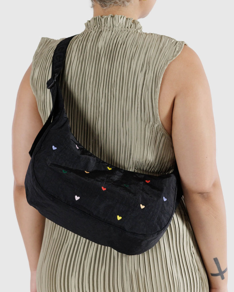 Medium Nylon Crescent Bag in Embroidered Hearts