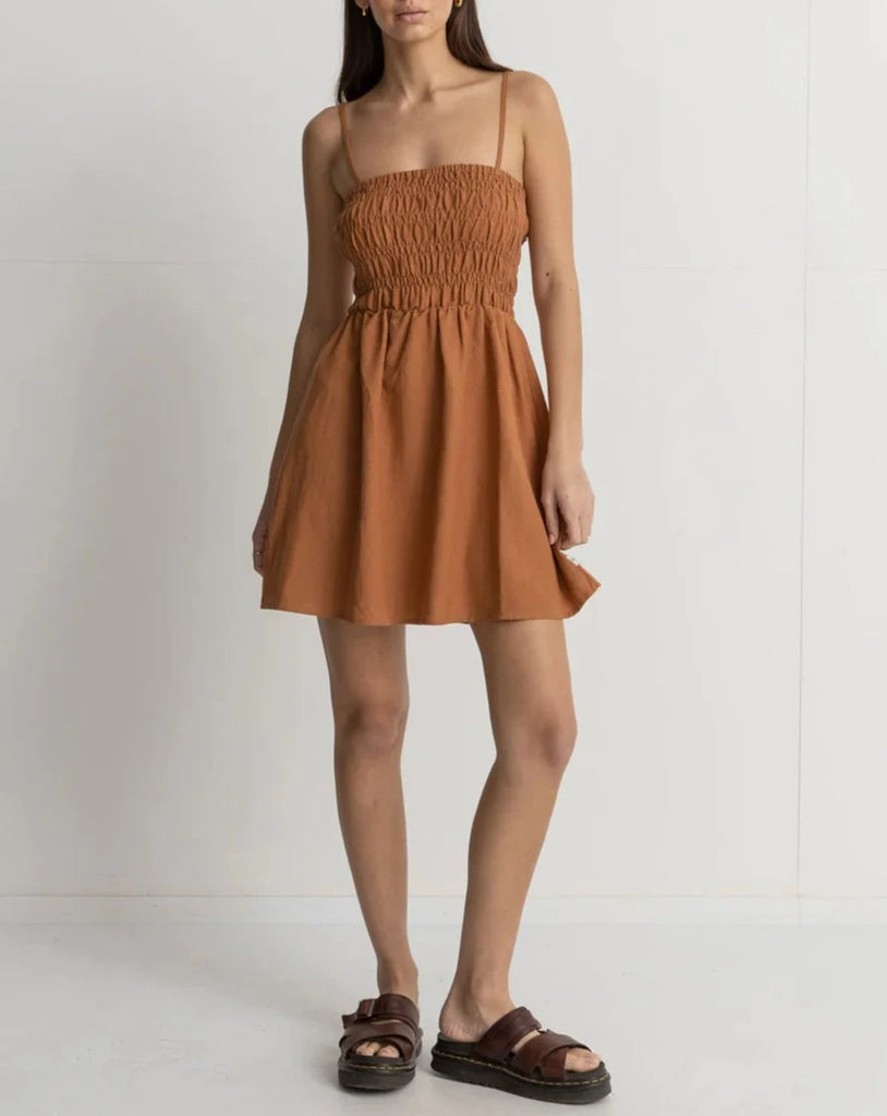 Shirred Mini Dress in Caramel