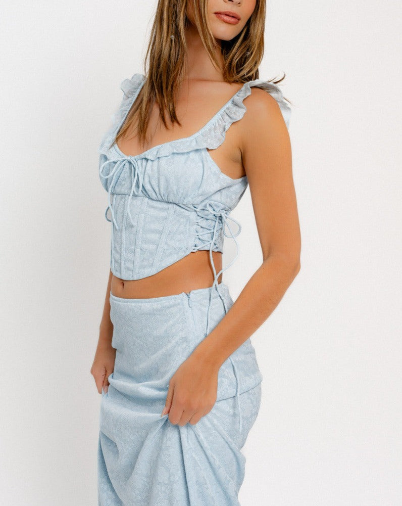Ruffle Lace Up Top in Light Blue