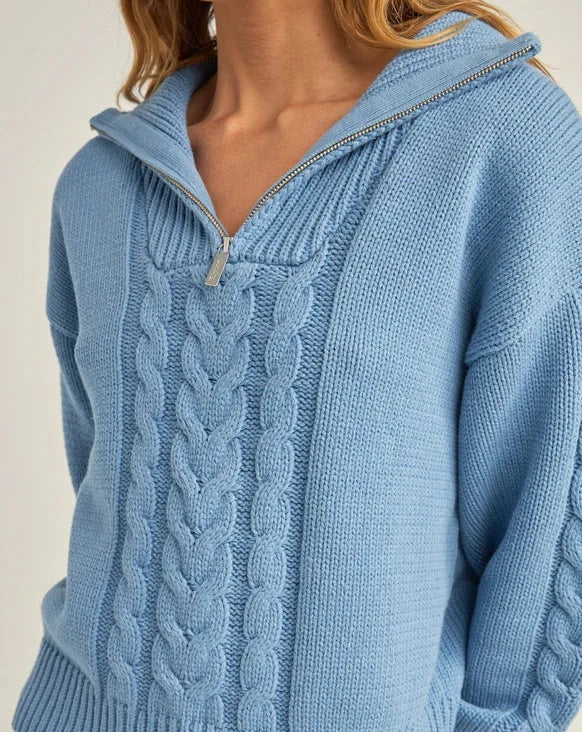 Cabelled Vintage Zip Knit in Dusty Blue