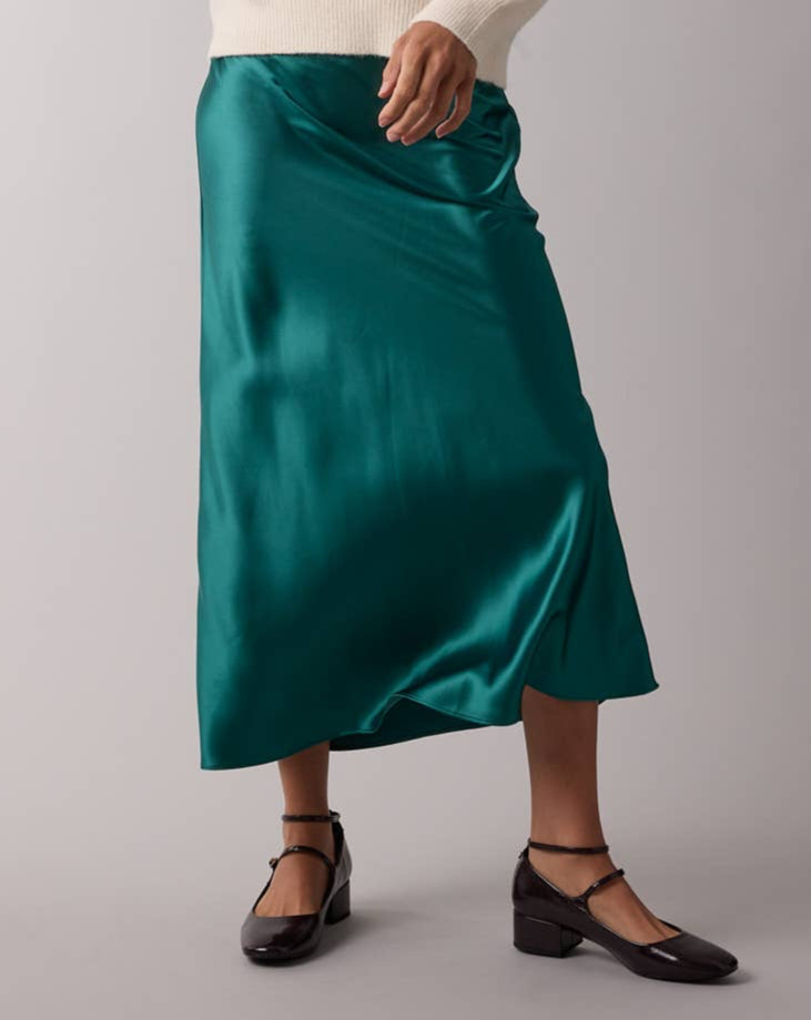 Emerald Satin Midi Skirt