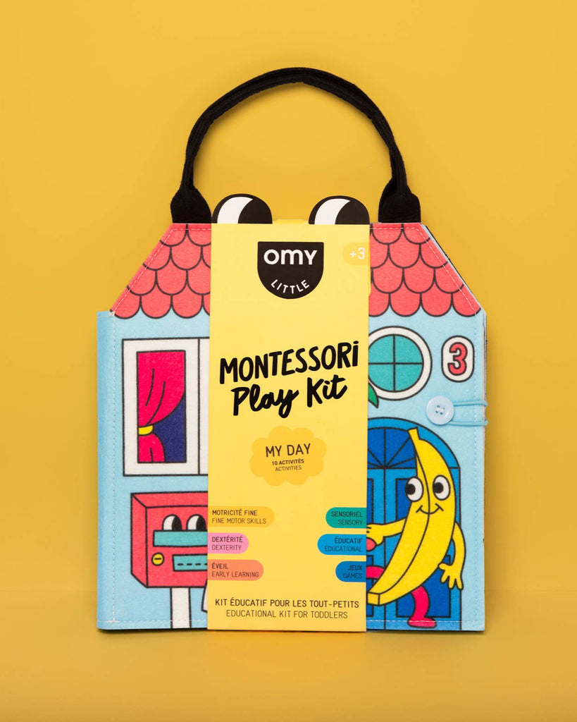 Montessori Play Kit packaging with colorful design on a yellow background