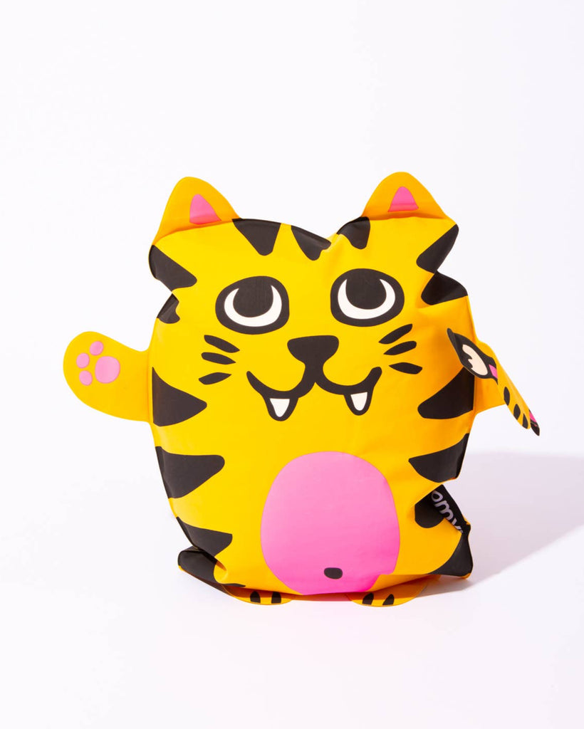 Yellow plush toy with black stripes and a pink belly on a white background