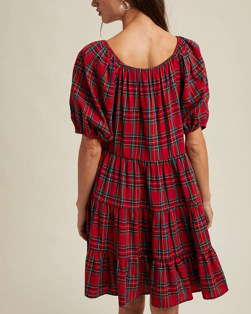 Gingham Puff Sleeve Mini Dress in Red/Green