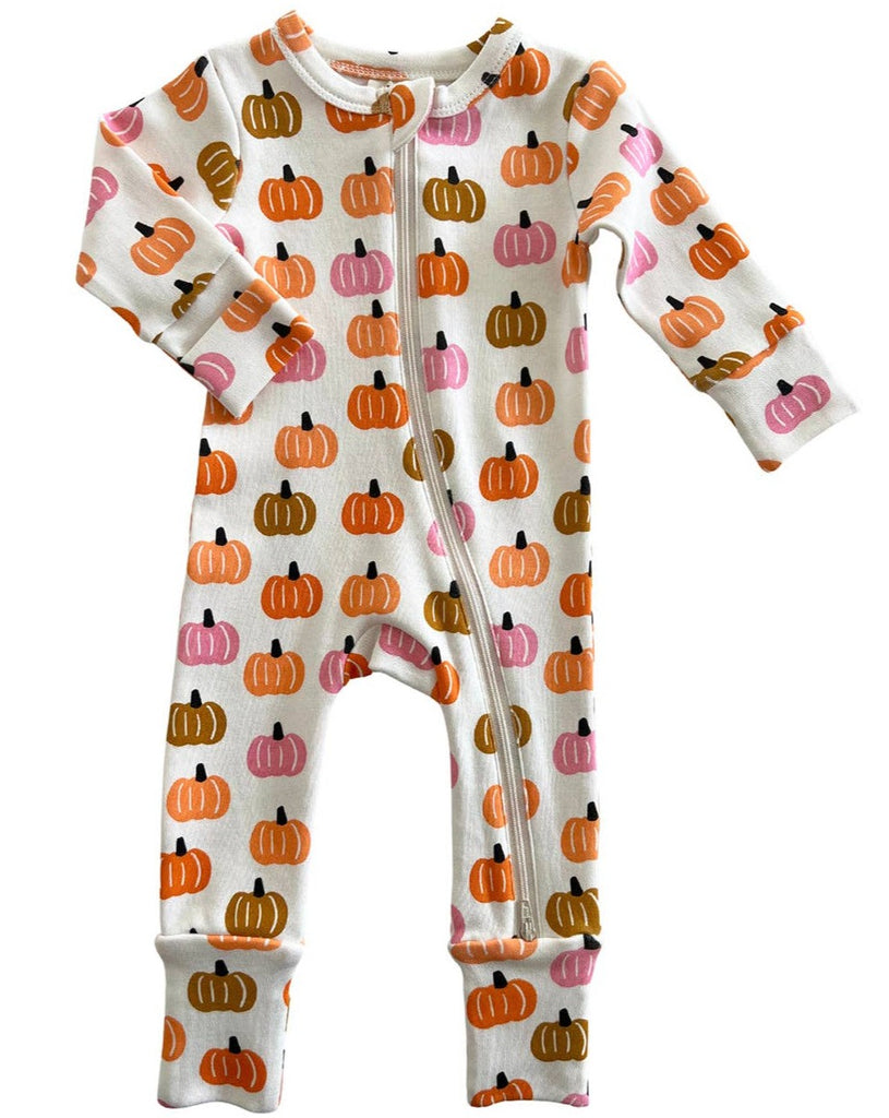 2-Way Zip Romper in Pink Pumpkin Patch