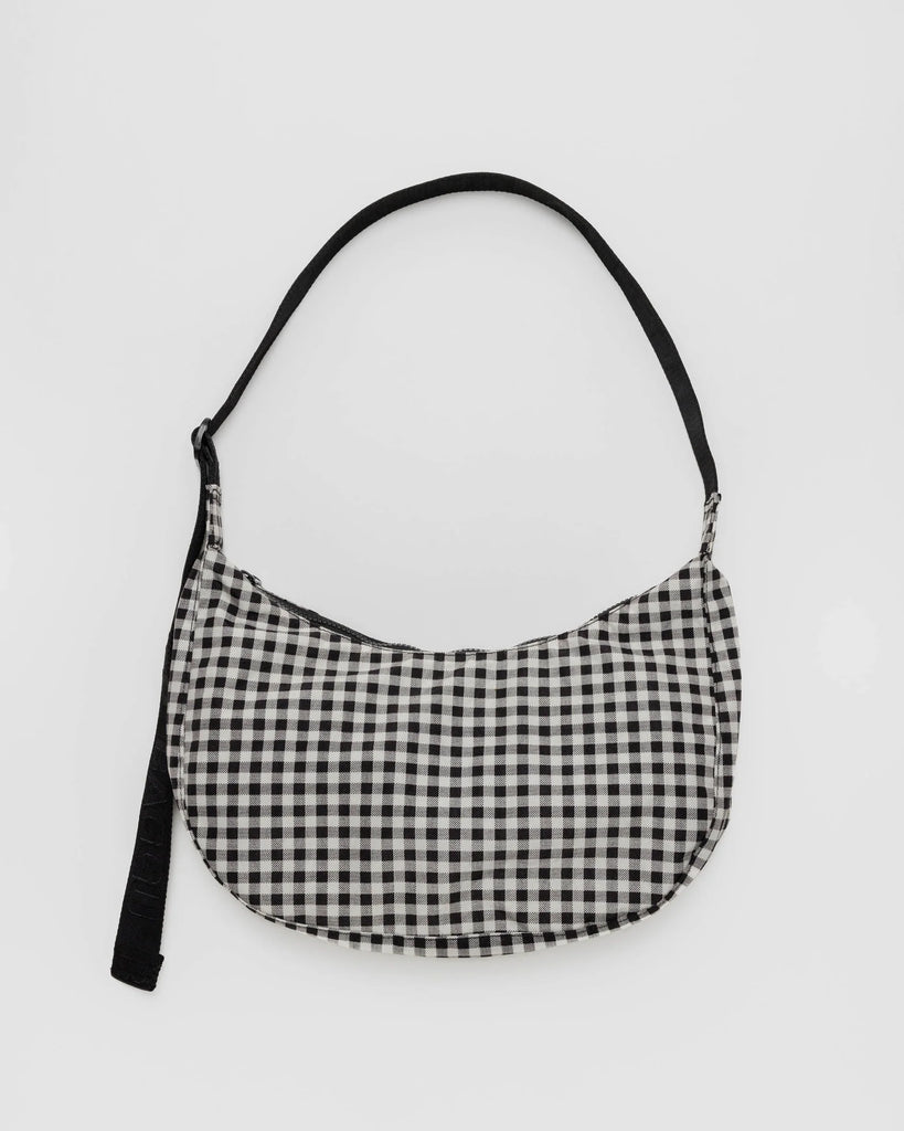 Medium Nylon Crescent Bag in Black & White Gingham