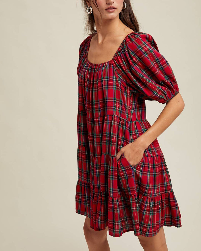 Gingham Puff Sleeve Mini Dress in Red/Green