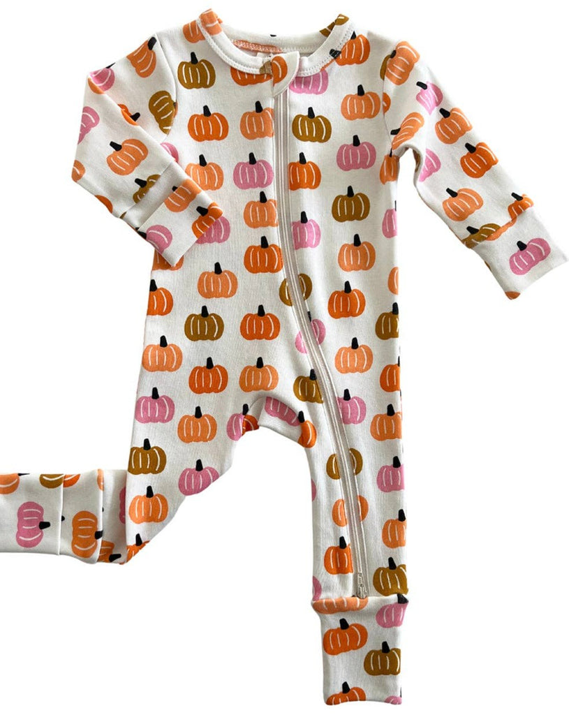 2-Way Zip Romper in Pink Pumpkin Patch