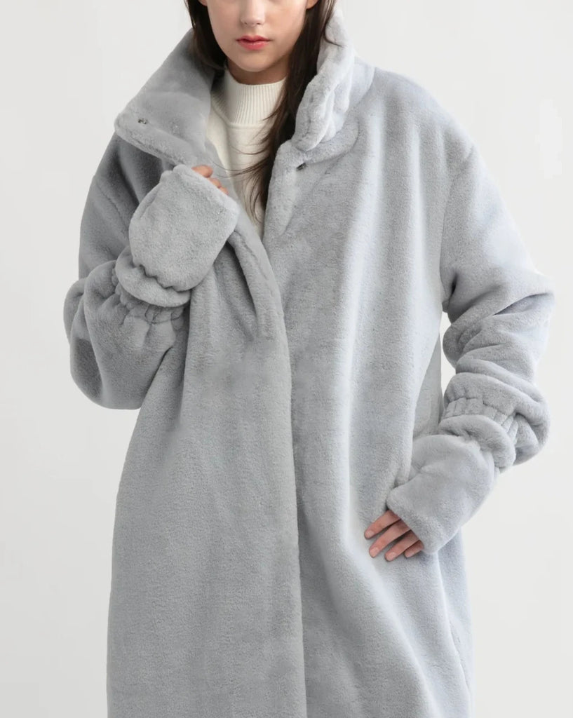 Faux Fur Long Coat in Stone Blue