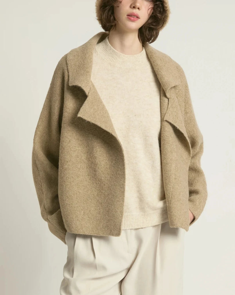 Flap Collar Crop Cardigan in Taupe