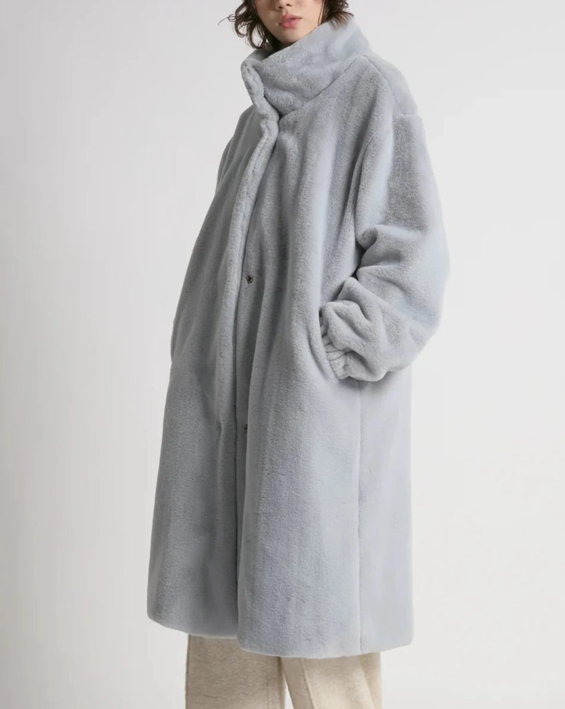 Faux Fur Long Coat in Stone Blue