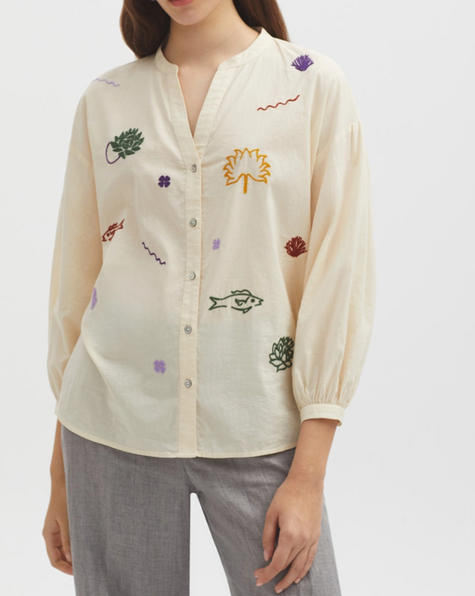 Colored Embroidered Shirt in Cream
