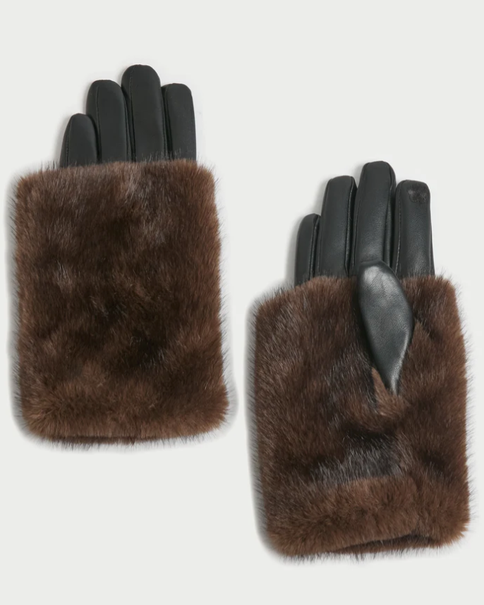 Faux Fur Overlay Gloves in Brown