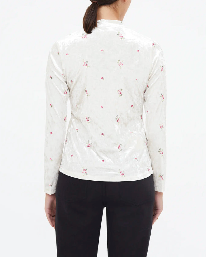 Embroidered Velvet Flower Top in White