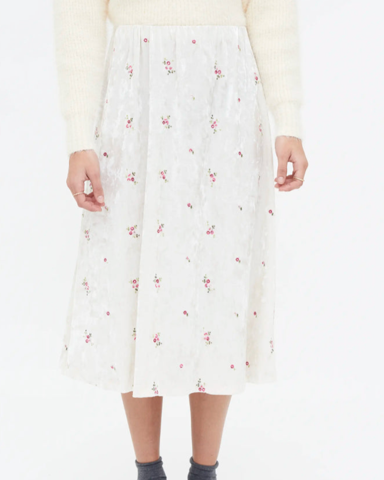 Embroidered Velvet Flower Skirt in White