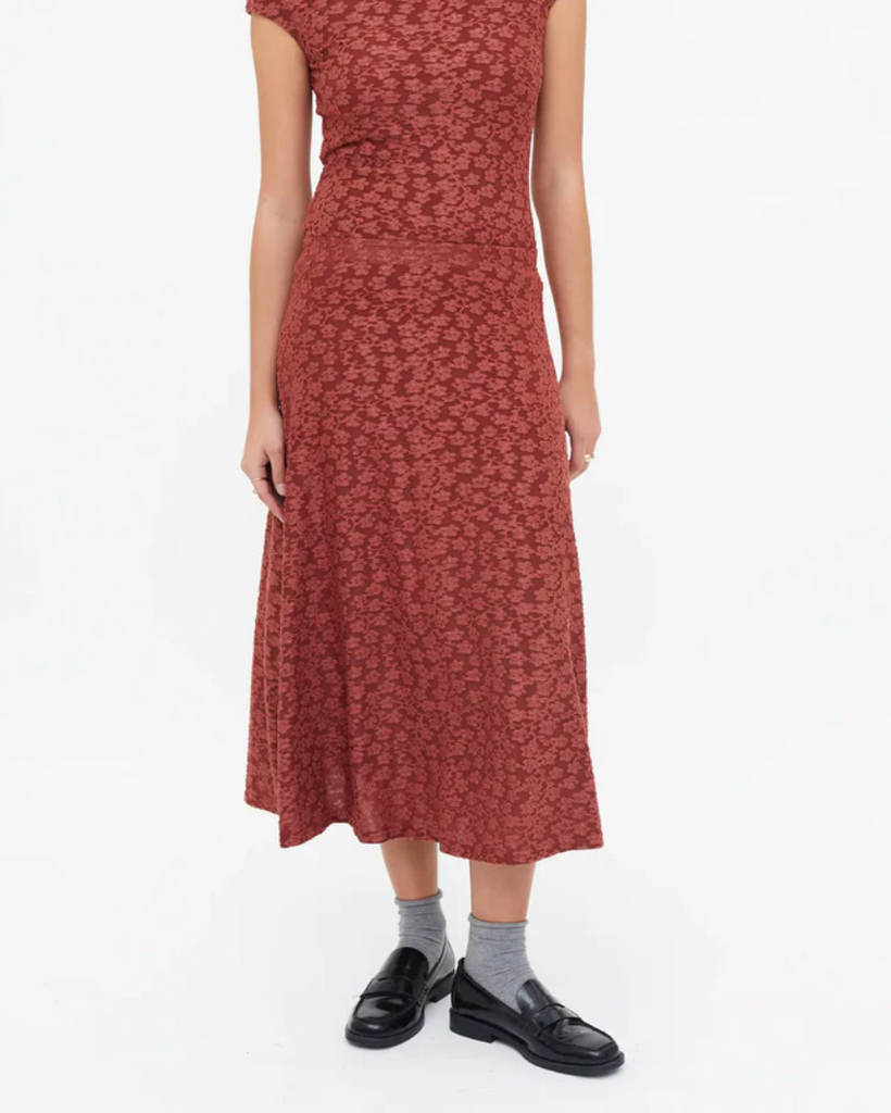 Floral Lace Midi Skirt in Brown