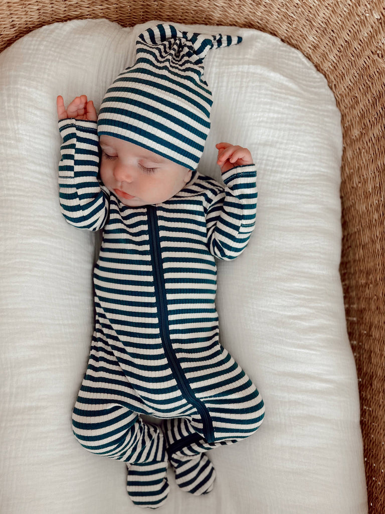 Ribbed Zip Footie in Steel Blue Stripe