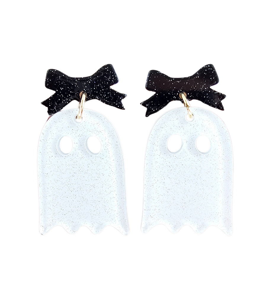 Bow Ghost Earrings in White Glitter