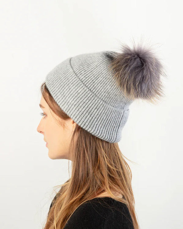 Basic Ribbed Knit Pom Pom Beanie