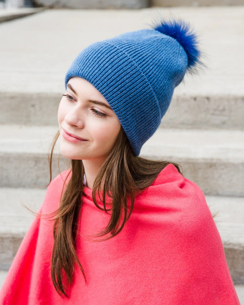 Basic Ribbed Knit Pom Pom Beanie