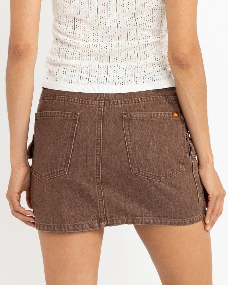 Cargo Denim Mini Skirt in Dark Brown
