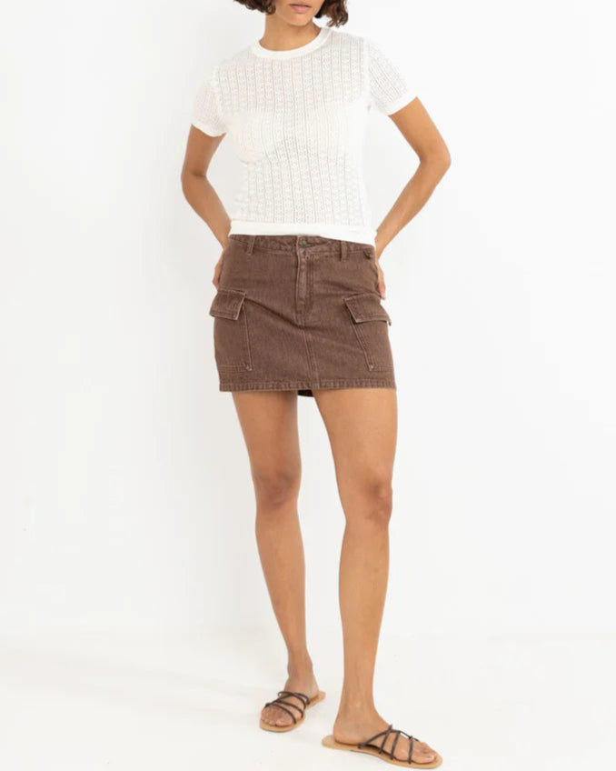 Cargo Denim Mini Skirt in Dark Brown