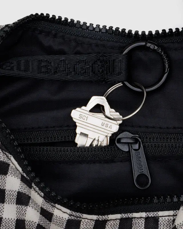 Small Nylon Crescent Bag in Black & White Gingham