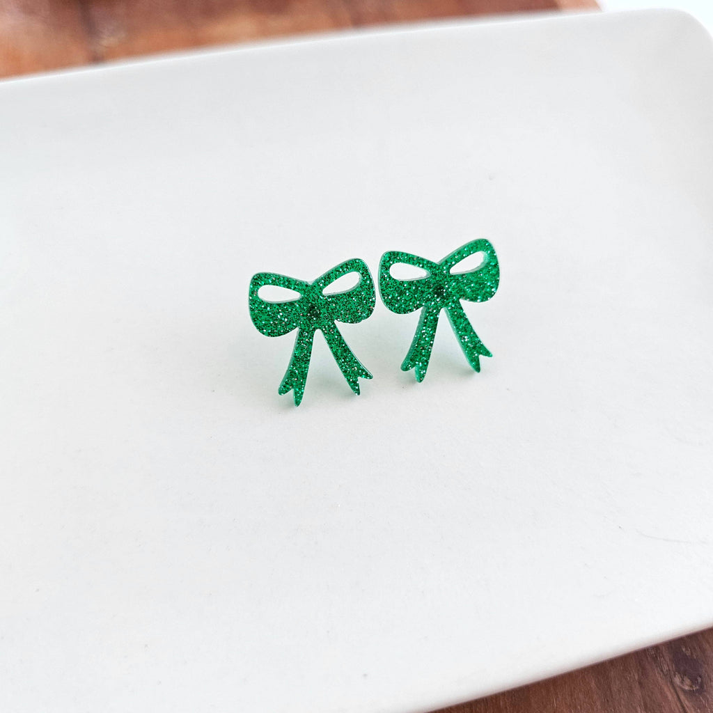 Bow Studs - Green Glitter