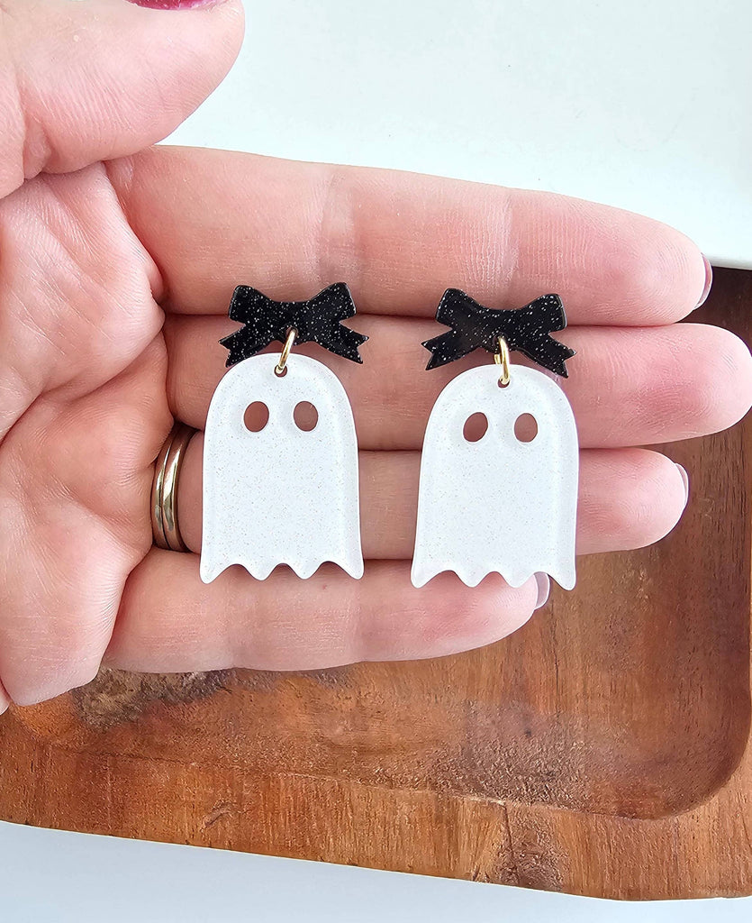 Bow Ghost Earrings in White Glitter