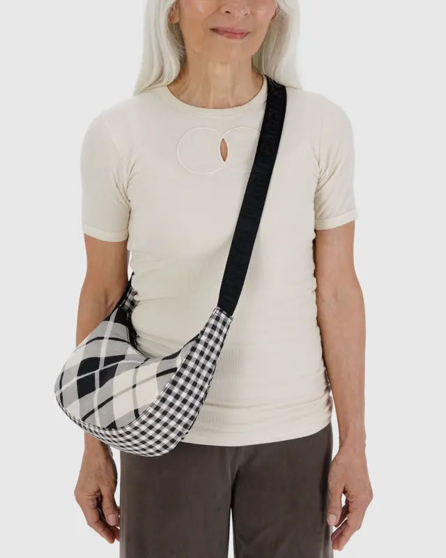 Small Nylon Crescent Bag in Mixed Plaid