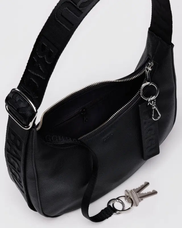 Small Recycled Leather Crescent Bag in Black