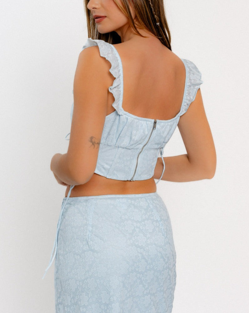 Ruffle Lace Up Top in Light Blue