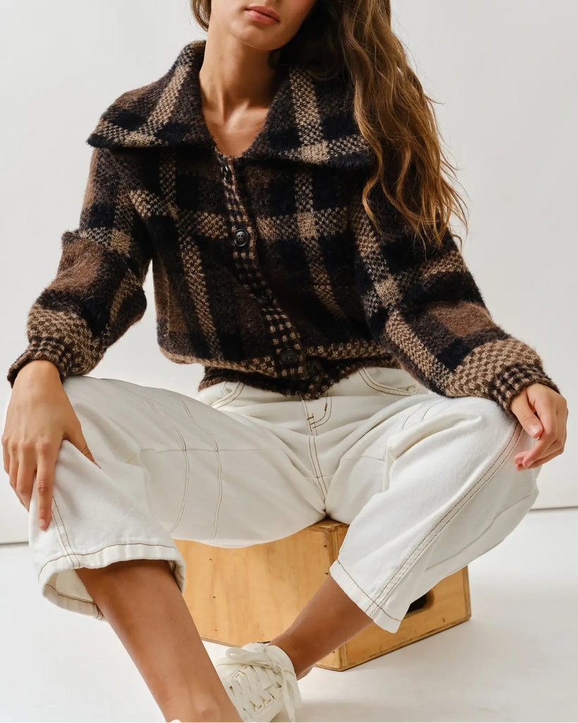 Mandy Plaid Cardigan in Brown