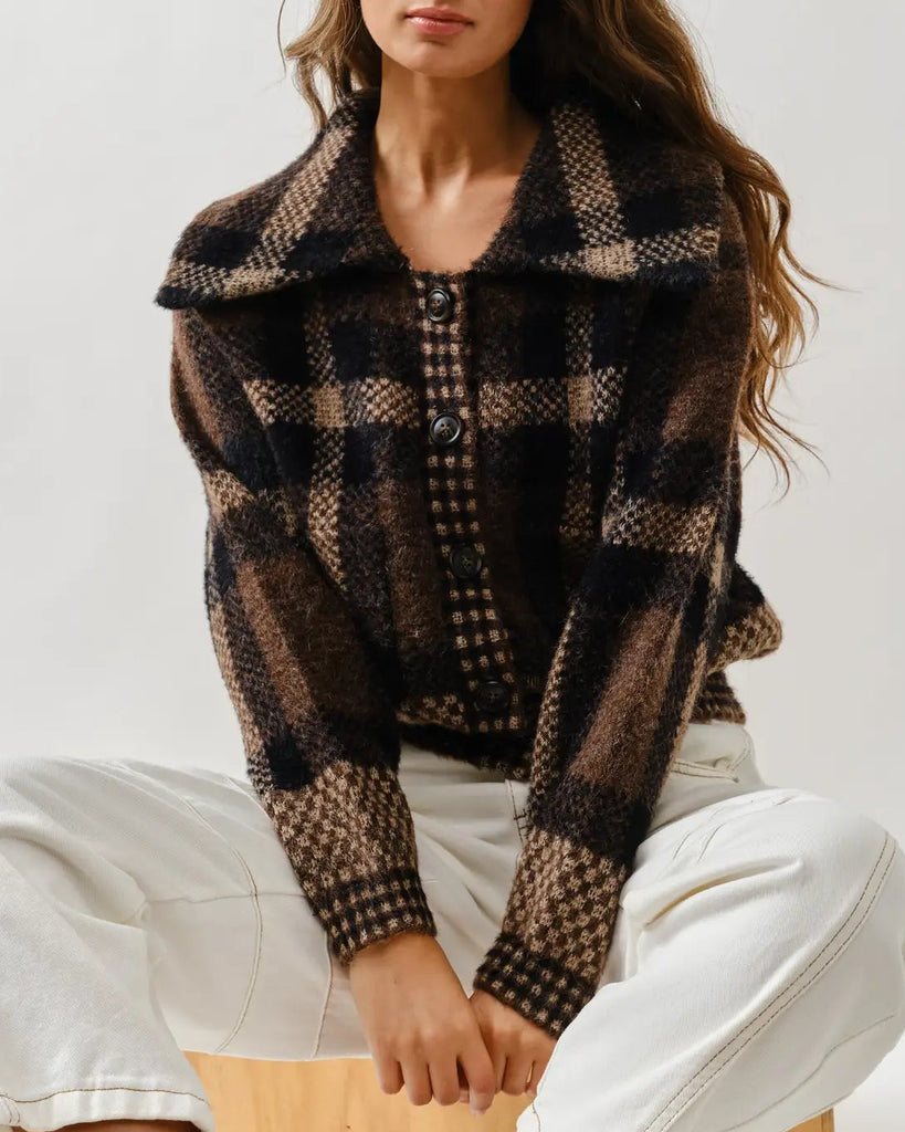 Mandy Plaid Cardigan in Brown