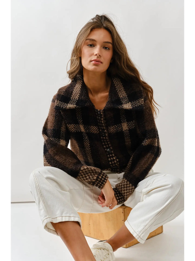 Mandy Plaid Cardigan in Brown