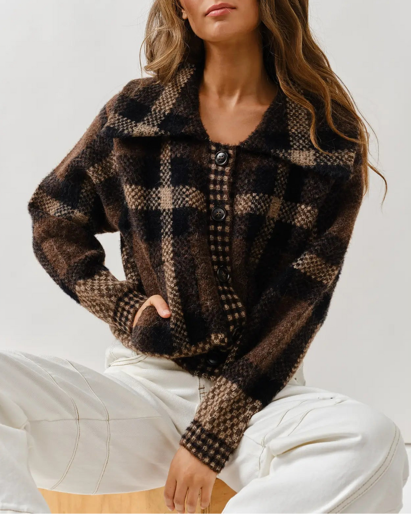 Mandy Plaid Cardigan in Brown