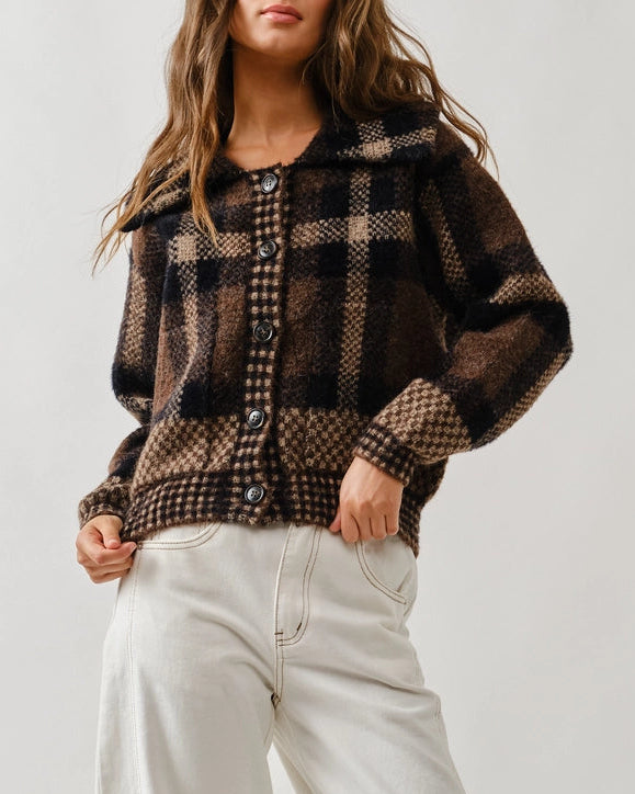 Mandy Plaid Cardigan in Brown