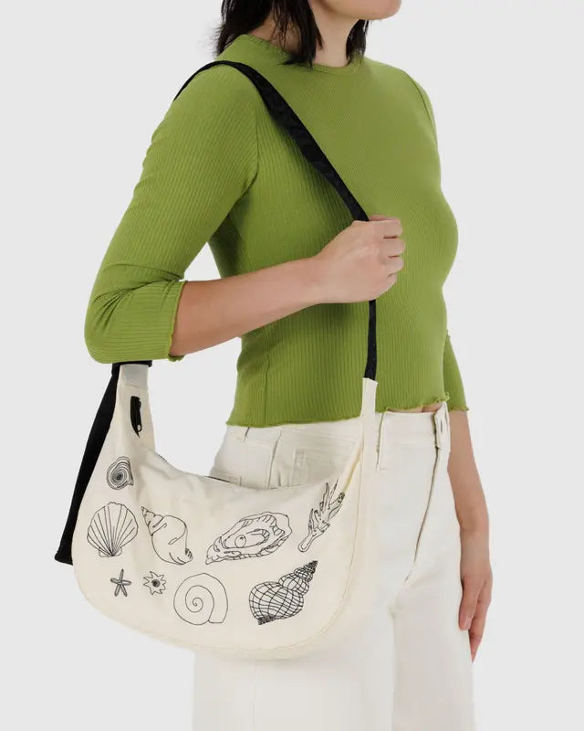 Medium Nylon Crescent Bag in Embroidered Shells