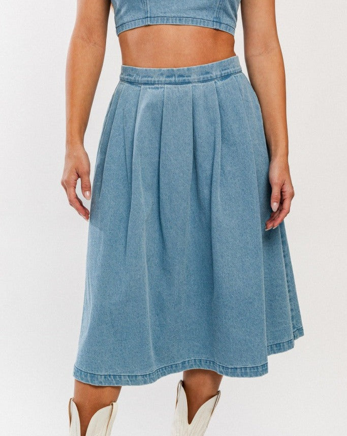 Pleated Denim Skirt